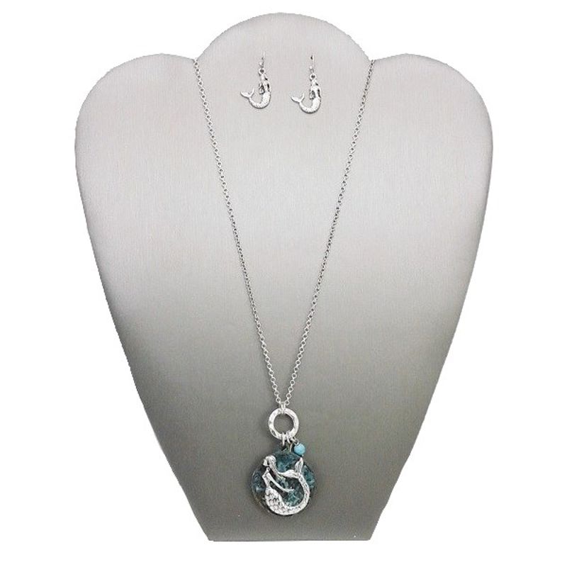 Mermaid on Blue-Green Disc Fashion Set with Earrings - Click Image to Close